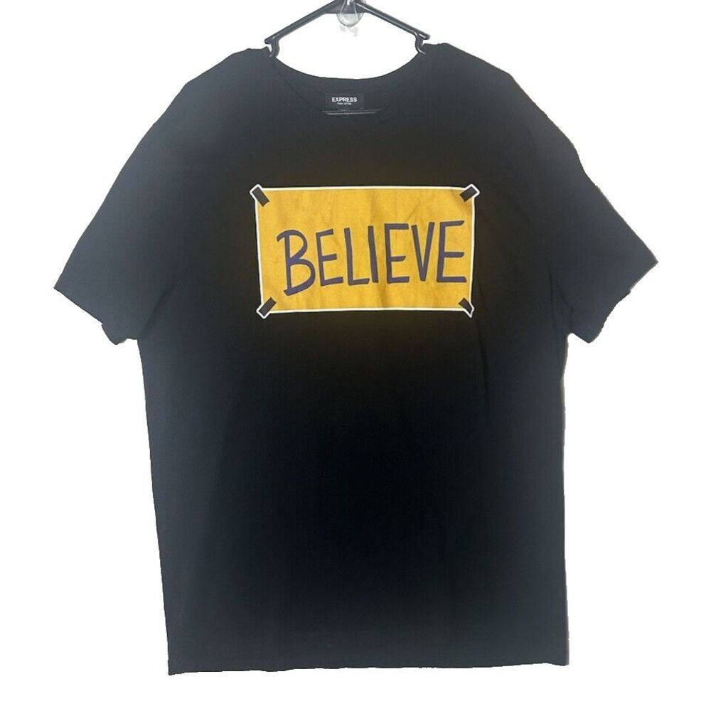 EXPRESS Size XL Black Cotton Woman Believe Graphic Print T-Shirt-219